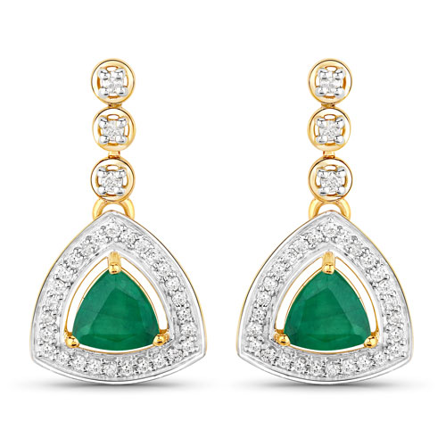 Emerald-1.39 Carat Genuine Zambian Emerald and White Diamond 14K Yellow Gold Earrings