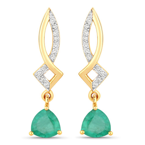 Emerald-1.12 Carat Genuine Zambian Emerald and White Diamond 14K Yellow Gold Earrings