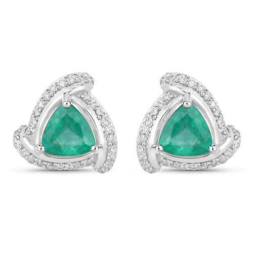 Emerald-1.23 Carat Genuine Zambian Emerald and White Diamond 14K White Gold Earrings