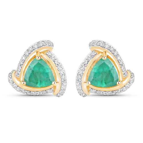 Emerald-1.23 Carat Genuine Zambian Emerald and White Diamond 14K Yellow Gold Earrings