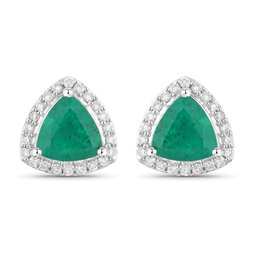 Emerald-1.27 Carat Genuine Zambian Emerald and White Diamond 14K White Gold Earrings