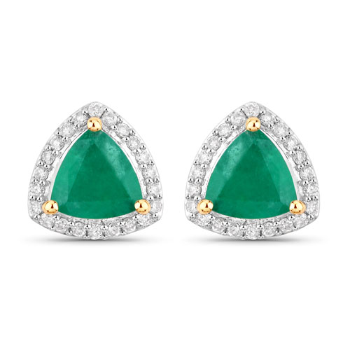 Emerald-1.27 Carat Genuine Zambian Emerald and White Diamond 14K Yellow Gold Earrings