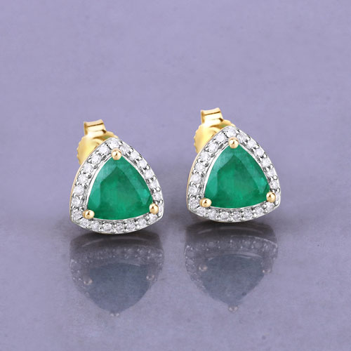 1.27 Carat Genuine Zambian Emerald and White Diamond 14K Yellow Gold Earrings