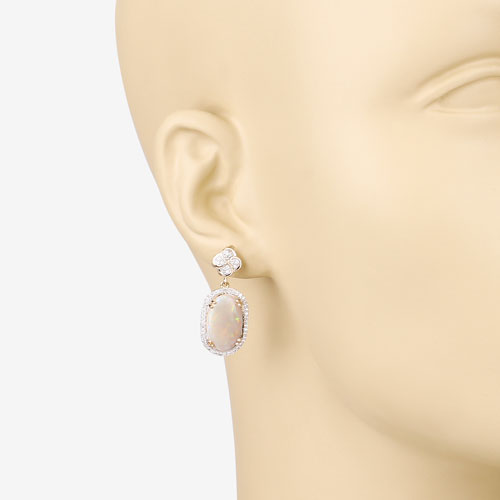 7.37 Carat Genuine White Opal and White Diamond 14K Yellow Gold Earrings