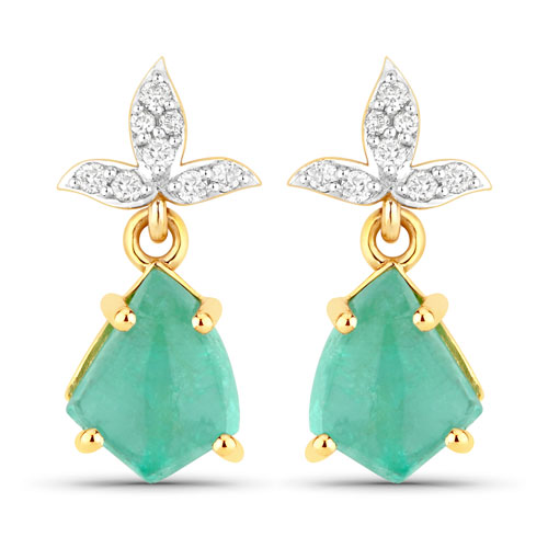 Emerald-2.59 Carat Genuine Columbian Emerald and White Diamond 14K Yellow Gold Earrings