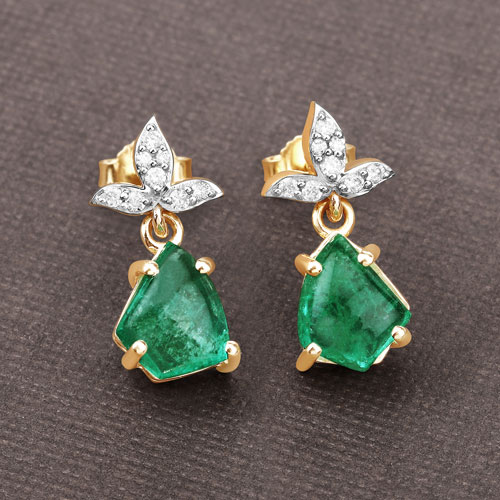 2.59 Carat Genuine Colombian Emerald and White Diamond 14K Yellow Gold Earrings
