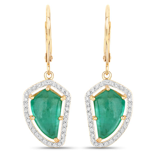 Emerald-7.56 Carat Genuine Colombian Emerald and White Diamond 14K Yellow Gold Earrings