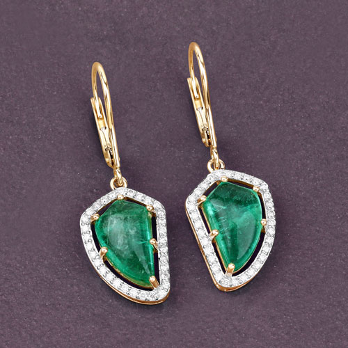 7.56 Carat Genuine Columbian Emerald and White Diamond 14K Yellow Gold Earrings