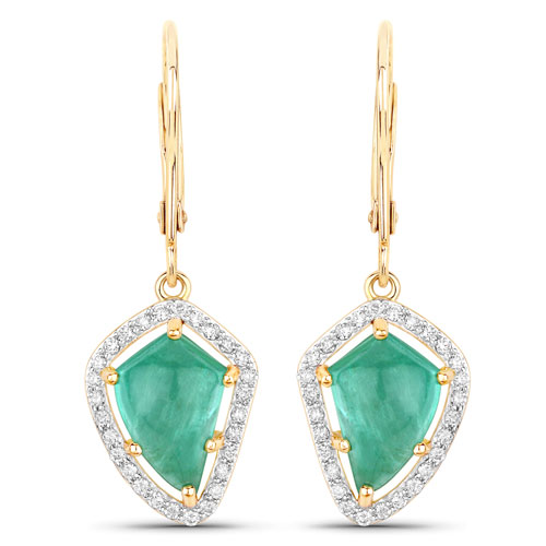 Emerald-6.15 Carat Genuine Colombian Emerald and White Diamond 14K Yellow Gold Earrings