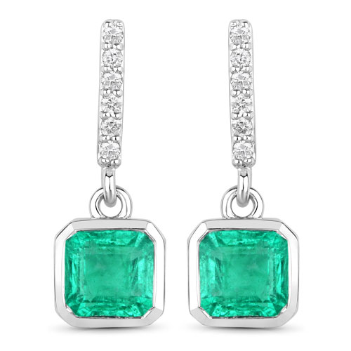 Emerald-1.48 Carat Genuine Emerald and White Diamond 14K White Gold Earrings