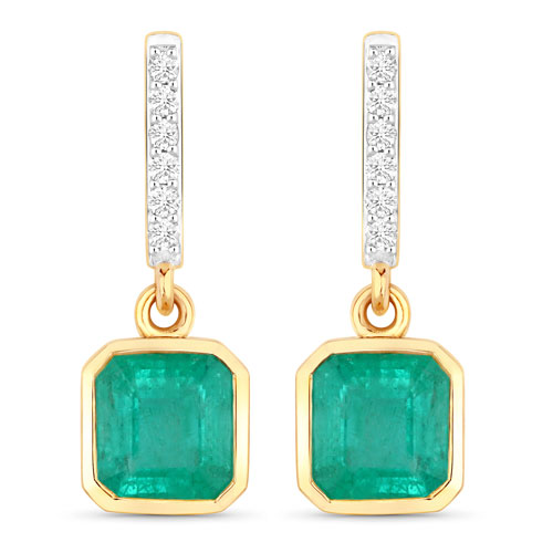 Emerald-1.48 Carat Genuine Emerald and White Diamond 14K Yellow Gold Earrings