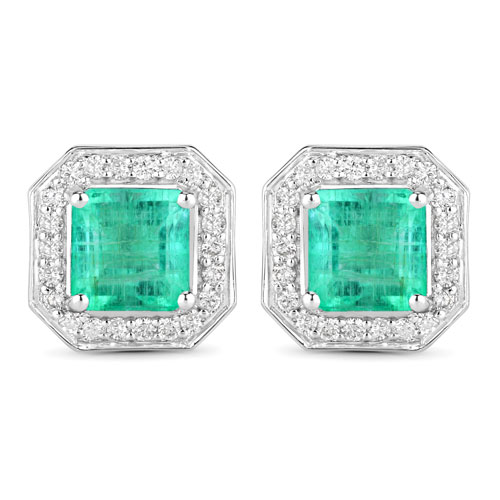 Emerald-1.90 Carat Genuine Emerald and White Diamond 14K White Gold Earrings