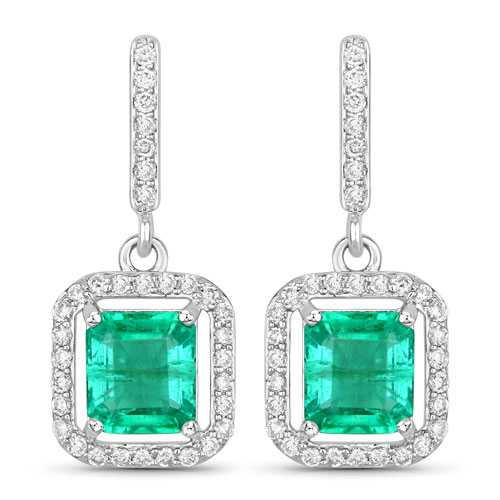Emerald-2.16 Carat Genuine Emerald and White Diamond 14K White Gold Earrings