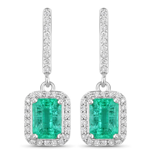 Emerald-2.08 Carat Genuine Emerald and White Diamond 14K White Gold Earrings