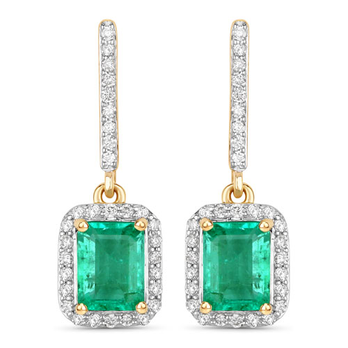 Emerald-2.08 Carat Genuine Emerald and White Diamond 14K Yellow Gold Earrings