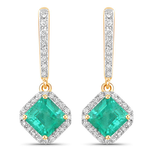 Emerald-1.97 Carat Genuine Emerald and White Diamond 14K Yellow Gold Earrings