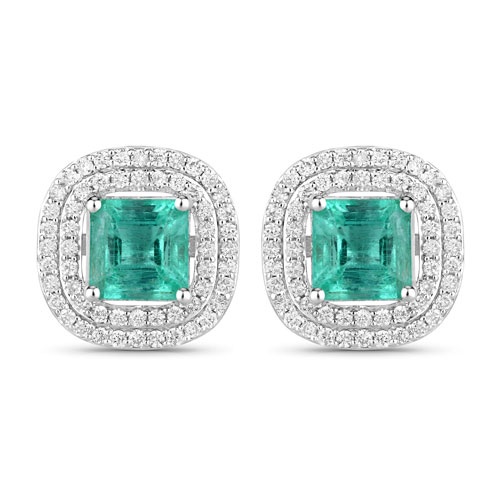 Emerald-2.87 Carat Genuine Emerald and White Diamond 14K White Gold Earrings