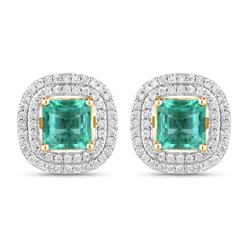 Emerald-2.87 Carat Genuine Emerald and White Diamond 14K Yellow Gold Earrings