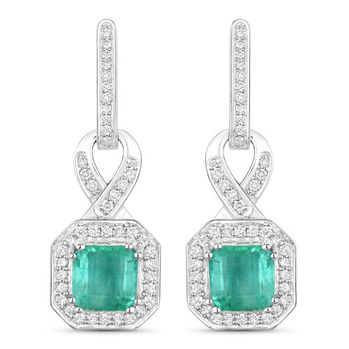 Emerald-2.83 Carat Genuine Emerald and White Diamond 14K White Gold Earrings