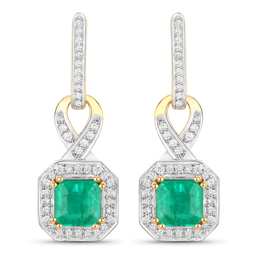 Emerald-2.83 Carat Genuine Emerald and White Diamond 14K Yellow Gold Earrings