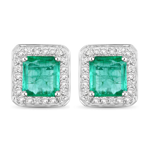 Emerald-2.15 Carat Genuine Emerald and White Diamond 14K White Gold Earrings