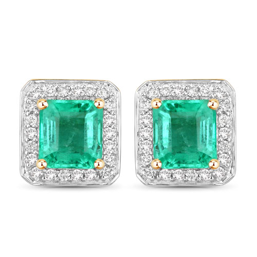 Emerald-2.15 Carat Genuine Emerald and White Diamond 14K Yellow Gold Earrings