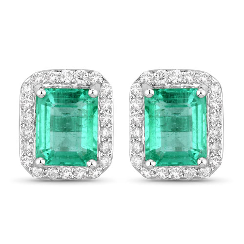 Emerald-2.09 Carat Genuine Emerald and White Diamond 14K White Gold Earrings