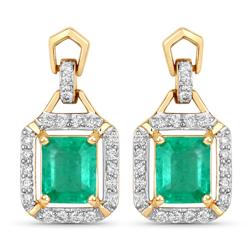 Emerald-1.83 Carat Genuine Emerald and White Diamond 14K Yellow Gold Earrings