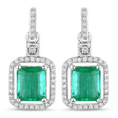 Emerald-1.78 Carat Genuine Emerald and White Diamond 14K White Gold Earrings