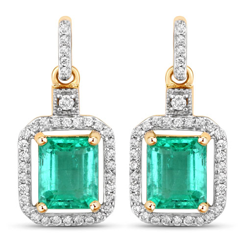 Emerald-1.78 Carat Genuine Emerald and White Diamond 14K Yellow Gold Earrings