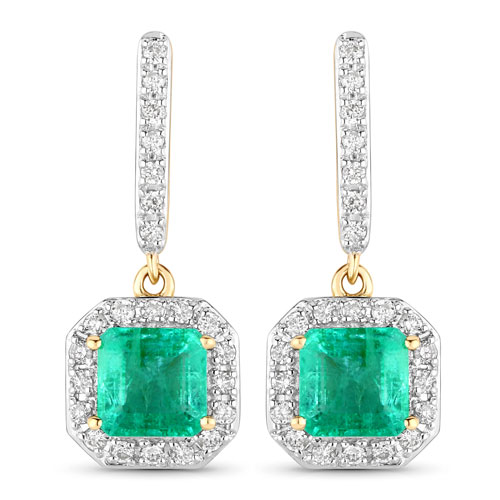 Emerald-2.07 Carat Genuine Emerald and White Diamond 14K Yellow Gold Earrings