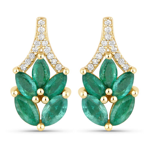 Emerald-0.91 Carat Genuine Zambian Emerald and White Diamond 14K Yellow Gold Earrings