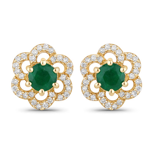 Emerald-0.63 Carat Genuine Zambian Emerald and White Diamond 14K Yellow Gold Earrings