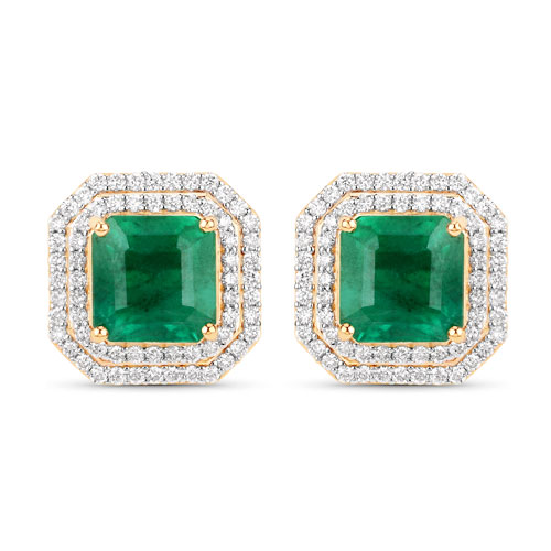 Emerald-IGI Certified 4.94 Carat Genuine Zambian Emerald and White Diamond 14K Yellow Gold Earrings