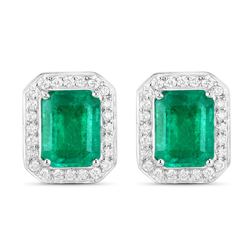 Emerald-IGI Certified 5.24 Carat Genuine Zambian Emerald and White Diamond 14K White Gold Earrings