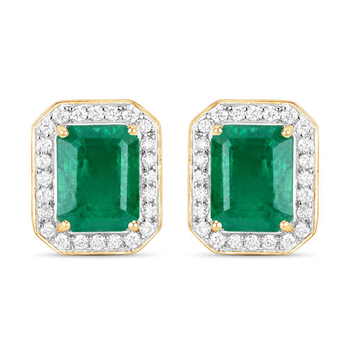 Emerald-IGI Certified 5.24 Carat Genuine Zambian Emerald and White Diamond 14K Yellow Gold Earrings