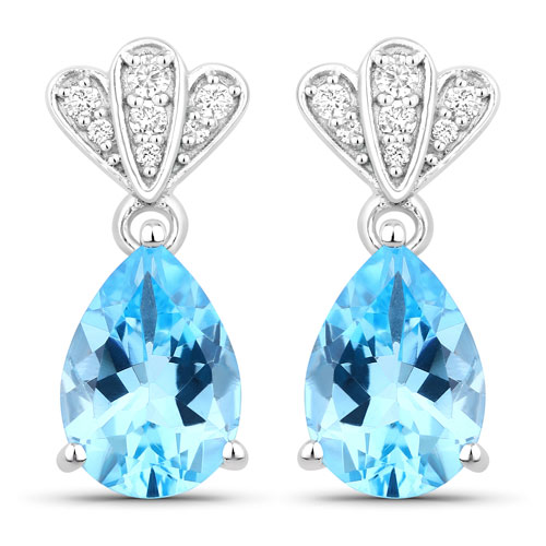Earrings-3.96 Carat Genuine Swiss Blue Topaz and Lab Grown Diamond .925 Sterling Silver Earrings