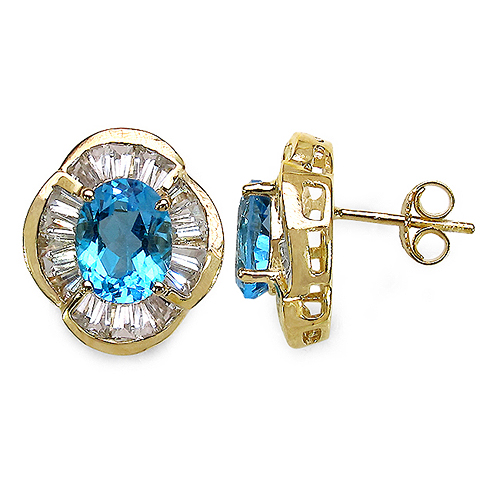 14K Yellow Gold Plated 7.40 Carat Genuine Swiss Blue Topaz & White Topaz .925 Sterling Silver Earrings