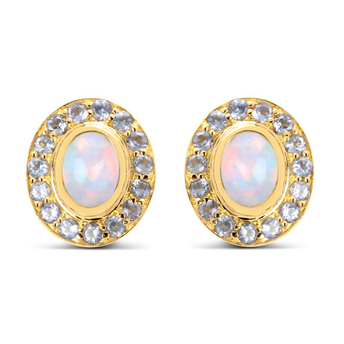 Opal-14K Yellow Gold Plated 2.01 Carat Genuine Ethiopian Opal and Tanzanite .925 Sterling Silver Earrings