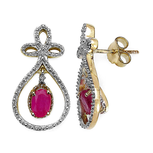14K Yellow Gold Plated 1.12 Carat Genuine Ruby & White Diamond .925 Sterling Silver Earrings