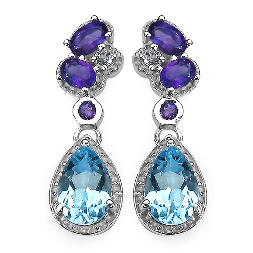 Earrings-2.60 Carat Blue Topaz Earrings with 1.10 ct. t.w. Multi-Gems in Sterling Silver