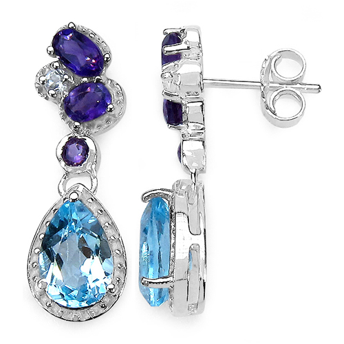 2.60 Carat Blue Topaz Earrings with 1.10 ct. t.w. Multi-Gems in Sterling Silver