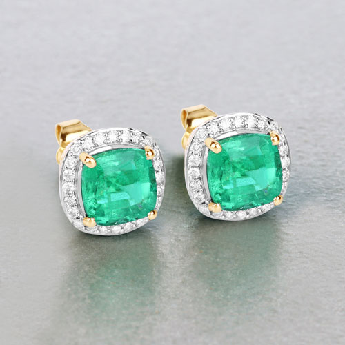 2.87 Carat Genuine Ethiopian Emerald and White Diamond 14K Yellow Gold Earrings