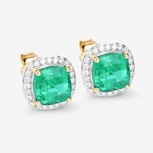 2.87 Carat Genuine Ethiopian Emerald and White Diamond 14K Yellow Gold Earrings