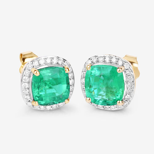 2.87 Carat Genuine Ethiopian Emerald and White Diamond 14K Yellow Gold Earrings