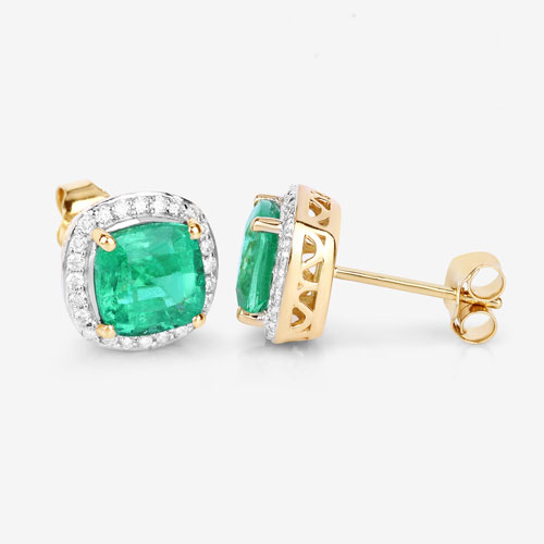 2.87 Carat Genuine Ethiopian Emerald and White Diamond 14K Yellow Gold Earrings