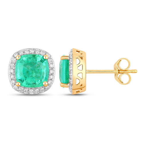 2.87 Carat Genuine Ethiopian Emerald and White Diamond 14K Yellow Gold Earrings