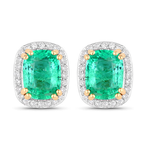 Emerald-3.07 Carat Genuine Ethiopian Emerald and White Diamond 14K Yellow Gold Earrings