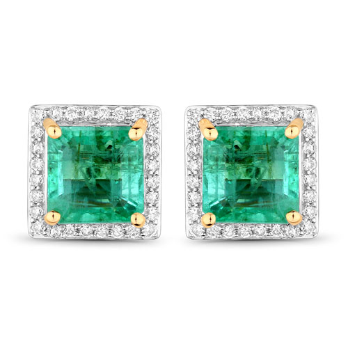 Emerald-4.54 Carat Genuine Ethiopian Emerald and White Diamond 14K Yellow Gold Earrings