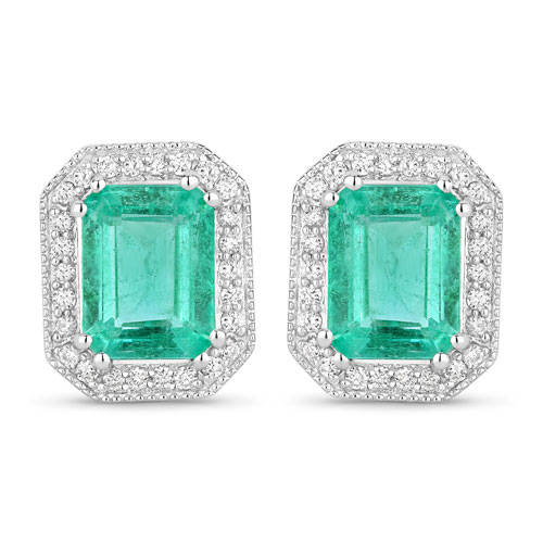 Emerald-2.99 Carat Genuine Ethiopian Emerald and White Diamond 14K White Gold Earrings